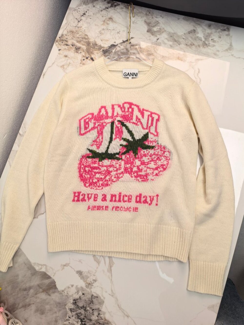 Ganni Cream Cherry Graphic Crewneck Sweater